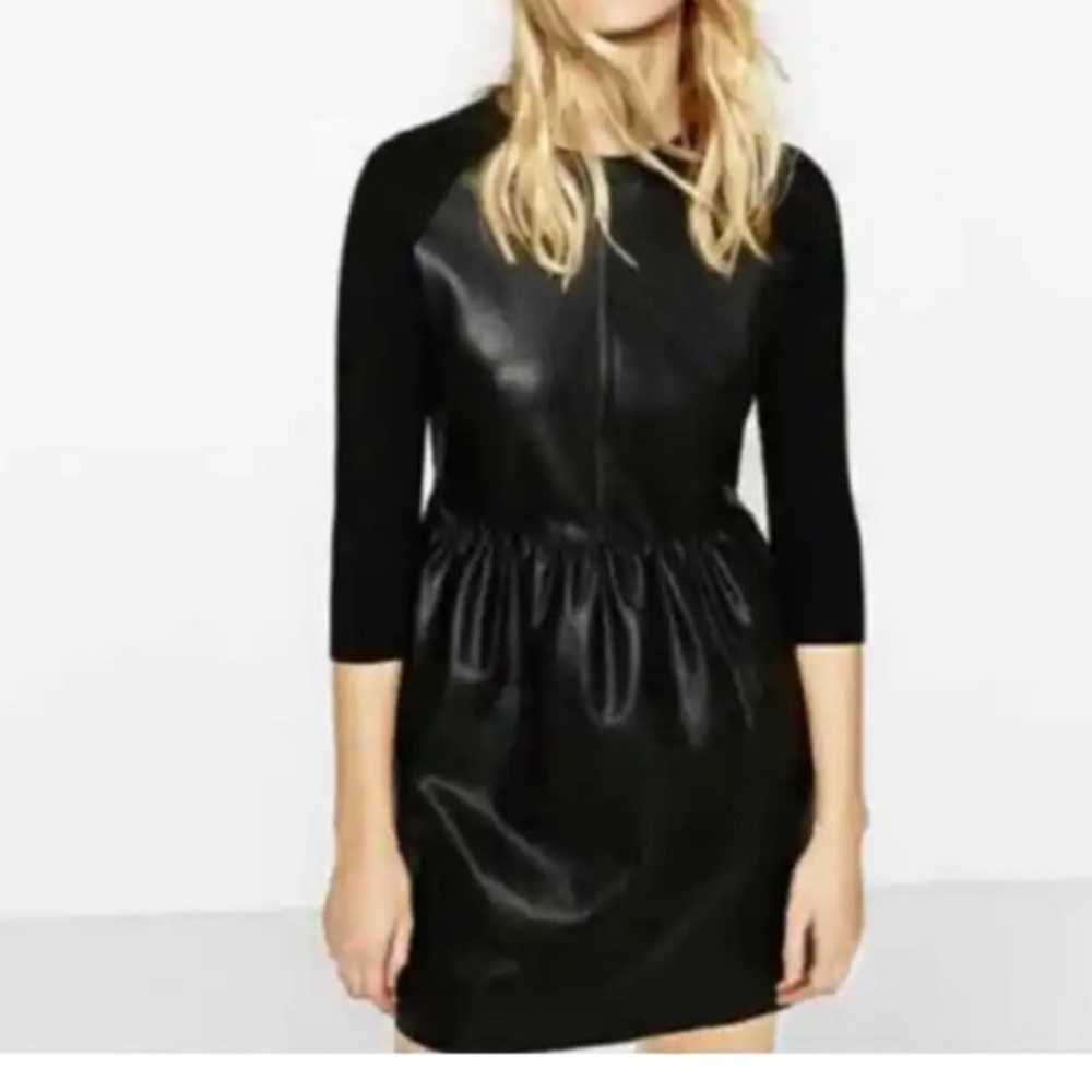Zara knit dress.‎ Faux leather, knit sleeves, mini dress.  Size small